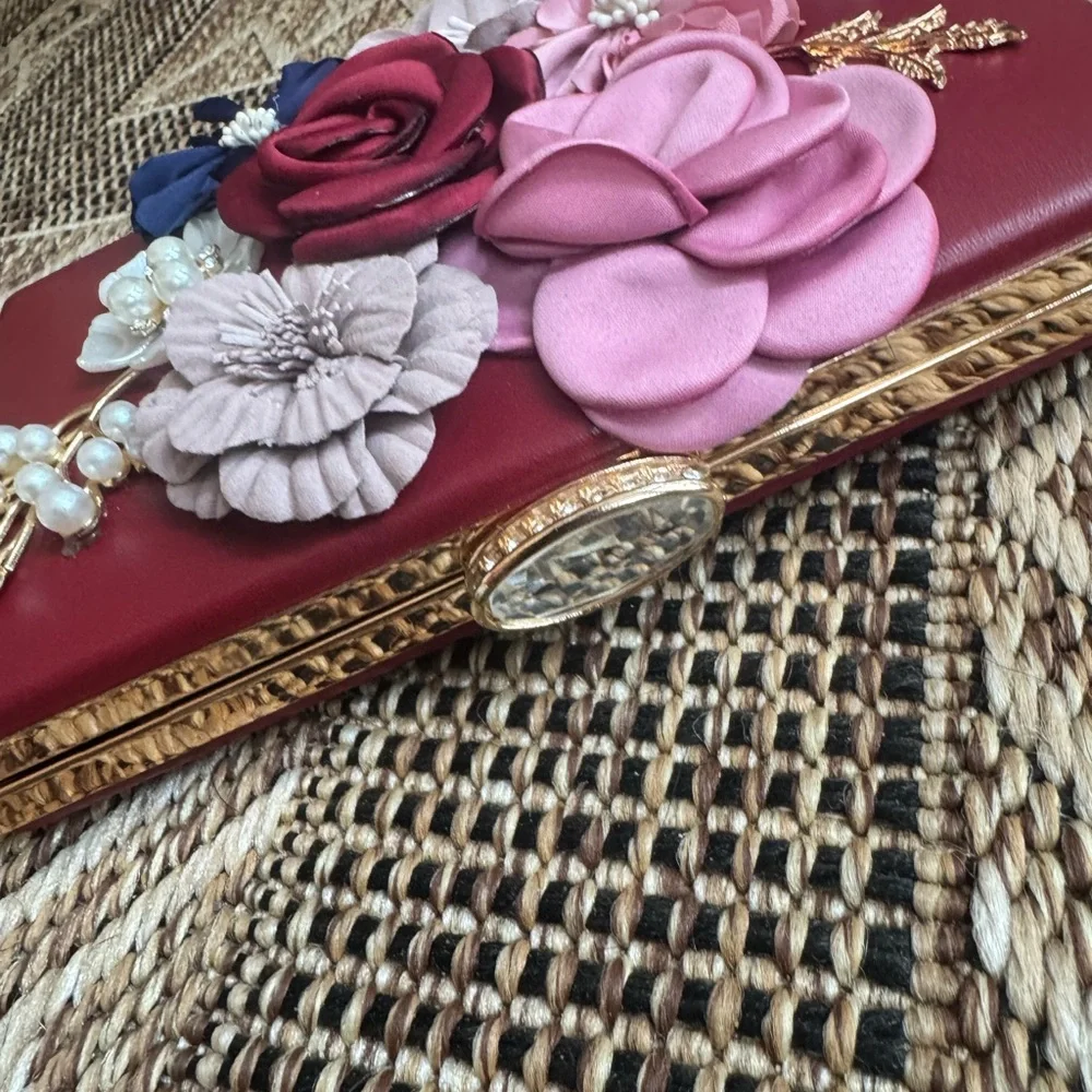 Floral & Pearl Red Evening Clutch Rhinestone Closure